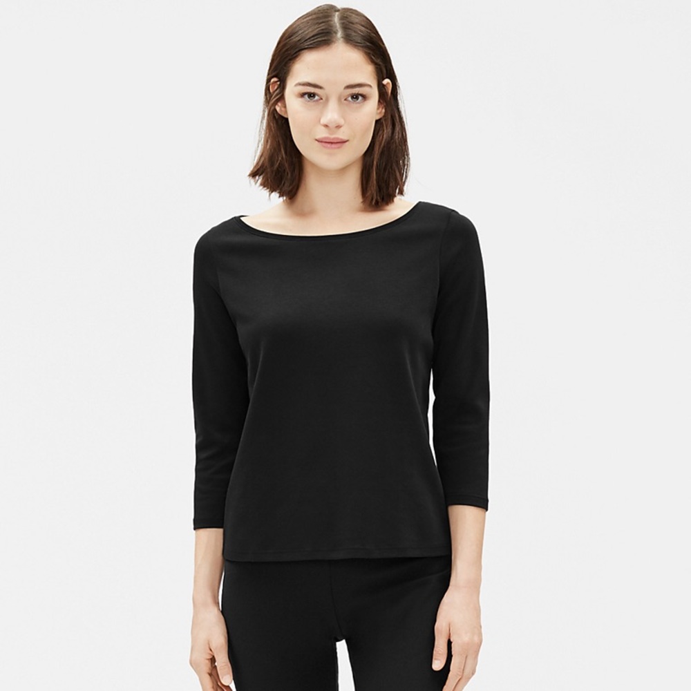 Eileen Fisher Interlock 3/4 Sleeve Black Top Size Large